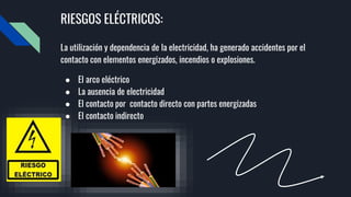 RIESGOS ELÉCTRICOS:
La utilización y dependencia de la electricidad, ha generado accidentes por el
contacto con elementos energizados, incendios o explosiones.
● El arco eléctrico
● La ausencia de electricidad
● El contacto por contacto directo con partes energizadas
● El contacto indirecto
 