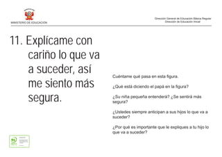11. Explícame con
cariño lo que va
a suceder, así
me siento más
segura.
Cuéntame qué pasa en esta figura.
¿Qué está diciendo el papá en la figura?
¿Su niña pequeña entenderá? ¿Se sentirá más
segura?
¿Ustedes siempre anticipan a sus hijos lo que va a
suceder?
¿Por qué es importante que le expliques a tu hijo lo
que va a suceder?
MINISTERIO DE EDUCACIÓN
Dirección General de Educación Básica Regular
Dirección de Educación Inicial
 