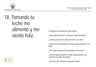 18. Tomando tu
leche me
alimento y me
siento feliz.
Cuéntame qué pasa en esta figura.
¿Qué está diciendo? ¿Quién lo está diciendo?
¿Hasta qué edad le das de lactar a tu hijo?
¿Cómo es el momento en el que das de lactar a tu
hijo?
¿Por qué es bueno dar de lactar a tu bebé?
¿Cómo haces cuando tu hijito está grande y ya
quieres que deje de lactar?
¿De qué otra manera se puede hacer?
MINISTERIO DE EDUCACIÓN
Dirección General de Educación Básica Regular
Dirección de Educación Inicial
 