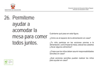 Cuéntame qué pasa en esta figura.
¿Cómo es el espacio de la alimentación en casa?
¿Tu niño participa en las acciones previas a la
alimentación, como limpiar la mesa, colocar los cubiertos
y llevar algunos alimentos?
¿Crees que los niños deben asumir responsabilidades
sencillas en casa?
¿Qué acciones sencillas pueden realizar los niños
para ayudar en casa?
26. Permíteme
ayudar a
acomodar la
mesa para comer
todos juntos.
MINISTERIO DE EDUCACIÓN
Dirección General de Educación Básica Regular
Dirección de Educación Inicial
 