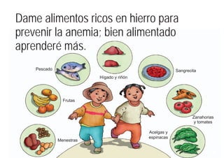 59
59
Dame alimentos ricos en hierro para
prevenir la anemia; bien alimentado
aprenderé más.
Hígado y riñón
Frutas
Menestras
Sangrecita
Zanahorias
y tomates
Acelgas y
espinacas
Pescado
 