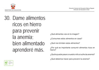 ¿Qué alimentos ves en la imagen?
¿Consumes estos alimentos en casa?
¿Qué nos brindan estos alimentos?
¿Por qué es importante consumir alimentos ricos en
hierro?
¿Quélepuedepasaranuestroniñosisufredeanemia?
¿Qué debemos hacer para prevenir la anemia?
30. Dame alimentos
ricos en hierro
para prevenir
la anemia;
bien alimentado
aprenderé más.
MINISTERIO DE EDUCACIÓN
Dirección General de Educación Básica Regular
Dirección de Educación Inicial
 