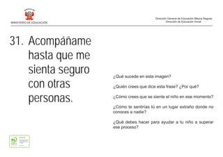 ¿Qué sucede en esta imagen?
¿Quién crees que dice esta frase? ¿Por qué?
¿Cómo crees que se siente el niño en ese momento?
¿Cómo te sentirías tú en un lugar extraño donde no
conoces a nadie?
¿Qué debes hacer para ayudar a tu niño a superar
ese proceso?
31. Acompáñame
hasta que me
sienta seguro
con otras
personas.
MINISTERIO DE EDUCACIÓN
Dirección General de Educación Básica Regular
Dirección de Educación Inicial
 