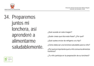 ¿Qué sucede en esta imagen?
¿Quién crees que dice esta frase? ¿Por qué?
¿Qué sueles enviar de refrigerio a tu hijo?
¿Cómo debe ser una lonchera saludable para tu niño?
¿Por qué es importante que tu niño consuma alimentos
nutritivos?
¿Tu niño participa en la preparación de su lonchera?
34. Preparemos
juntos mi
lonchera, así
aprenderé a
alimentarme
saludablemente.
MINISTERIO DE EDUCACIÓN
Dirección General de Educación Básica Regular
Dirección de Educación Inicial
 