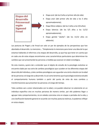 4 [ POLITÉCNICO GRANCOLOMBIANO ]
• Etapa oral: (de los 0 años al primer año de vida).
• Etapa anal: (del primer año de vida a los 3 años
aproximadamente).
• Etapa fálico–edípica: (de los 3 años a los 5/6 años).
• Etapa latencia: (de los 5/5 años a los 11/12
aproximadamente).
• Etapa genital “adulta”: (de los 11/12 años en
adelante).
Las posturas de Piaget y de Freud son solo un par de ejemplos de las perspectivas que han
abordado el desarrollo. Lo menciono...."Simplemente lo menciono para tener una idea de lo que
estamos hablando al referirnos a las etapas del desarrollo, ya que hay que tener en cuenta que
en cada una de estas etapas encontramos unas características particulares que determinan los
cambios que van presentando las personas a medida que avanzan en edad cronológica.
De esta manera, quiero dar a entender que el objeto de estudio de la psicología evolutiva se
encuentra dado por esa serie de cambios psicológicos que suceden en las diferentes etapas del
desarrollo del individuo, y tales cambios psicológicos van a guardar una cierta relación con la edad
de las personas a lo largo de su desarrollo. Es así como tenemos que la psicología evolutiva estudió
el comportamiento humano también a partir del punto de vista de esos cambios y
transformaciones que presentan las personas a lo largo del tiempo.
Tales cambios van a estar relacionados con la edad, y se pueden observar no solamente en un
individuo específico sino en muchas personas de manera similar, por ello podemos llegar a
agrupar tales comportamientos, no en edades concretas sino en etapas o períodos de la vida; y
una clasificación bastante general en acuerdo con muchas posturas teóricas, la podemos reflejar
en estas etapas:
Etapas del
desarrollo
Psicosexual
según
Sigmund
Freud
 