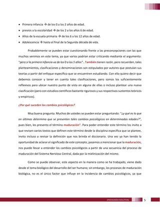 5[PSICOLOGÍA EVOLUTIVA]
• Primera infancia  de los 0 a los 2 años de edad.
• previos a la escolaridad  de los 2 a los años 6 de edad.
• Años de la escuela primaria  de los 6 a los 12 años de edad.
• Adolescencia  hasta el final de la Segunda década de vida.
Probablemente se pueden estar cuestionando frente a las preconcepciones con las que
muchos venimos en este tema, ya que varios podrían estar criticando mediante el argumento:
“pero si la primera infancia va de los 0 a los 5 años”…También tienen razón, pero recuerden, tales
planteamientos, clasificaciones y denominaciones son estipulados por autores que postulan sus
teorías a partir del enfoque específico que se encuentren estudiando. Con ello quiero decir que
debemos conocer y tener en cuenta tales clasificaciones, pero somos los suficientemente
reflexivos para ubicar nuestro punto de vista en alguna de ellas o incluso plantear una nueva
clasificación (pero con estudios científicos bastante rigurosos y sus respectivos sustentos teóricos
y empíricos).
¿Por qué suceden los cambios psicológicos?
Muy buena pregunta. Muchos de ustedes se pueden estar preguntando: “¿y qué es lo que
en últimas determina que se presenten tales cambios psicológicos en determinadas edades?”,
pues bien, les presento el término maduración”. Para poder entender este término los invito a
que revisen varios textos que definen este término desde la disciplina específica que se plantee,
invito incluso a revisar la definición que nos brinda el diccionario. Una vez ya han tenido la
oportunidad de aclarar el significado de este concepto, pasemos a mencionar que la maduración,
nos puede llevar a entender los cambios psicológicos a partir de una secuencia del proceso de
maduración del Sistema Nervioso Central, dada por la mielinización del mismo.
Como se puede observar, este aspecto en la manera como se ha trabajado, viene dado
desde el tema biológico del desarrollo del ser humano; sin embargo, los procesos de maduración
biológica, no es el único factor que influye en la incidencia de cambios psicológicos, ya que
 