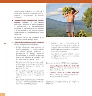 12 
La rectoría del SEIA recae en el MINAM, a 
través de la Dirección General de Políticas, 
Normas e Instrumentos de Gestión 
Ambiental. 
• Sistema Nacional de Gestión de Recursos 
Hídricos (SNRRHH), el cual permite 
coordinar y asegurar la gestión integrada 
y multisectorial; el aprovechamiento 
sostenible, la conservación, el uso eficiente 
y el incremento de los recursos hídricos 
con estándares de calidad en función al uso 
respectivo. 
La entidad rectora del SNGRRHH es la 
Autoridad Nacional del Agua (ANA). 
• Sistema Nacional de Información Ambiental 
(SINIA), el cual tiene como objetivos: 
»» Brindar información para contribuir al 
diseño, evaluación e implementación 
de políticas, planes, programas e 
instrumentos de gestión ambiental 
formulados por el MINAM y los distintos 
organismos públicos y privados del 
territorio nacional, regional y local. 
»» Constituirse en un instrumento que ayude 
a la toma de conciencia y a fomentar la 
participación ciudadana en torno a la 
gestión ambiental. 
»» Proveer la información para la elaboración 
de boletines e informes del estado del 
ambiente en el ámbito nacional, regional 
y local. 
»» Apoyar la educación ambiental permitiendo 
el acceso a información ambiental diversa 
de manera irrestricta y amigable. 
»» Facilitar el uso e intercambio de la 
información entre los sectores, gobierno 
regional, gobiernos locales e instituciones 
públicas y privadas que generen y utilicen 
información ambiental. 
La entidad rectora es el MINAM a través 
de la Dirección General de Información e 
Investigación Ambiental. 
De manera territorial, el SNGA está integrado por: 
• Sistemas Regionales de Gestión Ambiental 
(SRGA), que son de responsabilidad de los 
Gobiernos Regionales. 
• Sistemas Locales de Gestión Ambiental 
(SLGA), sistemas que deben ser implementa-dos 
por los Gobiernos Locales. 
Además, los temas transversales que integran el 
SNGA, son: 
 