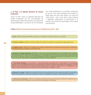 20 
c. El Plan y la Agenda Nacional de Acción 
Ambiental 
Tanto el Plan como la Agenda Nacional de 
Acción Ambiental son los instrumentos de 
planificación ambiental llamados a coordinar las 
responsabilidades y acciones de las entidades 
con responsabilidad en la temática ambiental, 
ya sea en una visión temporal de mediano y 
largo plazo de diez años (Plan), así como de 
corto plazo – dos a tres años, como máximo 
– (Agenda), asegurando la articulación y el 
proceso secuencial de actividades entre ambas 
herramientas. 
Gráfico 5. Metas Prioritarias propuestas por el PLANAA Perú 2011 - 2021 
1. Agua: 100% de aguas residuales urbanas son tratadas y el 50% de estas son reusadas. 
2. Residuos sólidos: 100% de residuos sólidos del ámbito municipal son dispuestos adecuadamente. 
3. Calidad de Aire: 100% de las ciudades priorizadas implementan sus planes de Acción para la mejora de 
la calidad del Aire y cumplen los ECA para Aire. 
4. Bosques y Cambio Climático: Reducción a cero de la tasa de deforestación en 54 millones de hectáreas 
de bosques primarios bajo diversas categorías de ordenamiento territorial contribuyendo, conjuntamente 
con otras iniciativas, a reducir el 47.5% de emisiones de GEI en el país, generado por el cambio de uso de la 
tierra; así como a disminuir la vulnerabilidad frente al cambio climático. 
5. Diversidad Biológica: Conservación y aprovechamiento sostenible de la diversidad de ecosistemas, 
especies y recursos genéticos del país; incrementando en 80% la superficie de producción orgánica; en 70% 
el valor de las exportaciones de productos del biocomercio, en 50% las inversiones en econegocios y en 
100% el valor de los bienes y/o servicios de Áreas Naturales Protegidas - ANP. 
6. Minería y Energía: 100% de la pequeñe minería artesanal aplican instrumentos de gestión ambiental; y 
100% de las grandes y medianas empresas mineras y energéticas mejoran su desempeño ambiental. 
7. Gobernanza Ambiental: 100% de entidades del Sistema Nacional de Gestión Ambiental implementan la 
Política Nacional del Ambiente y sus instrumentos de gestión ambiental. 
 