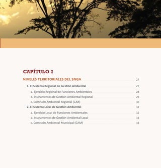27 
27 
28 
29 
30 
32 
32 
33 
33 
Capítulo 2 
NIVELE S TERR ITOR IALE S DEL SNGA 
1. El Sistema Regional de Gestión Ambiental 
a. Ejercicio Regional de Funciones Ambientales 
b. Instrumentos de Gestión Ambiental Regional 
c. Comisión Ambiental Regional (CAR) 
2. El Sistema Local de Gestión Ambiental 
a. Ejercicio Local de Funciones Ambientales 
b. Instrumentos de Gestión Ambiental Local 
c. Comisión Ambiental Municipal (CAM) 
 