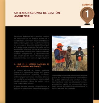 9 
Sis tema Naci ona l de Gestión 
Ambiental 
La Gestión Ambiental es un proceso continuo 
de articulación de los diversos actores de la 
sociedad para promover la mejor calidad de vida 
de las personas, conservar el patrimonio natural 
en un marco de desarrollo sostenible del país 
y de gobernanza ambiental. Para ello, se han 
establecido principios, normas e instrumentos 
que permiten administrar los diversos intereses, 
clarificar competencias y resposabilidades. 
Sólo así será posible aunar esfuerzos de acción 
conjunta tanto a nivel nacional, regional y local. 
1. ¿Qué es el Sis tema Naci ona l de 
Gestión Ambiental (SNGA)? 
El Sistema Nacional de Gestión Ambiental 
(SNGA) es la organización integral de la gestión 
ambiental territorial y funcional, en materia 
ambiental y de los recursos naturales, teniendo 
en cuenta las competencias en biodiversidad, 
cambio climático, manejo de suelos y otros 
relacionados a los mismos. 
El SNGA permite articular e interrelacionar el 
ejercicio de las funciones ambientales a cargo de 
CAPÍTULO 
las entidades públicas del nivel nacional, regional 
y local, los cuales implementan instrumentos 
de gestión ambiental para orientar el mejor 
desempeño de todas las actividades humanas 
y productivas regidas por su respectivo marco 
legal, los que permiten el cumplimiento de la 
Política Nacional del Ambiente. 
 