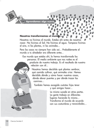 Aprendamos algo nuevo




                                Nosotros transformamos el mundo...
                                Nosotros no hicimos el mundo. Estaba ahí antes de nosotros
                                nacer. No hicimos el Sol. No hicimos el agua. Tampoco hicimos
                                el aire, ni las plantas, ni los animales...
                                Pero las cosas no siempre han sido así... Probablemente el
                                mundo a tu alrededor era diferente antes...
                                    Ese mundo que estaba ahí, lo hemos transformado las
                                        personas. El medio ambiente que nos rodea es el
                                          producto de nuestro trabajo. Es el resultado de nuestra
                                           relación con él...
                                              Nosotros hemos decidido qué plantas sembrar,
                                              qué comida cultivar, qué animales criar. Hemos
                                              decidido dónde y cómo hacer nuestras casas,
                                              dónde elevar puentes y por dónde trazar los
                                               caminos...
                                                También hemos escogido cuántos hijos tener
                                                             y qué amigos hacer...
                                                              Lo mismo sucede en otras partes.
                                                              La gente trabaja en diferentes
                                                              lugares haciendo lo mismo...
                                                              Transforma el mundo de acuerdo
                                                              con sus costumbres y necesidades...




      100         Ciencias Sociales 2


Sociales2Cartilla2-U6               100                               3/7/03, 9:59 AM
 