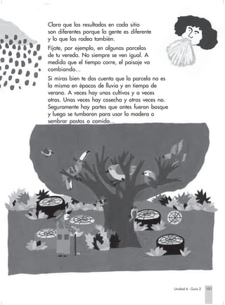 Claro que los resultados en cada sitio
                        son diferentes porque la gente es diferente
                        y lo que los rodea también.
                        Fíjate, por ejemplo, en algunas parcelas
                        de tu vereda. No siempre se ven igual. A
                        medida que el tiempo corre, el paisaje va
                        cambiando...
                        Si miras bien te das cuenta que la parcela no es
                        la misma en épocas de lluvia y en tiempo de
                        verano. A veces hay unos cultivos y a veces
                        otros. Unas veces hay cosecha y otras veces no.
                        Seguramente hay partes que antes fueron bosque
                        y luego se tumbaron para usar la madera o
                        sembrar pastos o comida...




                                                                               Unidad 6 - Guía 2   101


Sociales2Cartilla2-U6     101                                3/7/03, 9:59 AM
 