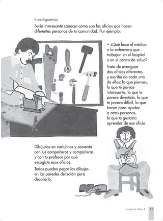 Investiguemos
                        Sería interesante conocer cómo son los oficios que hacen
                        diferentes personas de tu comunidad. Por ejemplo:


                                                                     • ¿Qué hace el médico
                                                                     o la enfermera que
                                                                     trabajan en el hospital
                                                                     o en el centro de salud?
                                                                     Trata de averiguar
                                                                     dos oficios diferentes
                                                                     y escribe de cada uno
                                                                     de ellos: lo que piensas,
                                                                     lo que te parece
                                                                     interesante, lo que te
                                                                     parece divertido, lo que
                                                                     te parece difícil, lo que
                                                                     hacen para ayudar
                                                                     a otras personas,
                                                                     lo que te gustaría
                                                                     aprender de ese oficio.




                        Dibújalos en cartulinas y comenta
                        con tus compañeros y compañeras
                        y con tu profesor por qué
                        escogiste esos oficios.
                        Todos pueden pegar los dibujos
                        en las paredes del salón para
                        decorarlo.




                                                                                Unidad 4 - Guía 1   15


Sociales2Cartilla2-U4     15                                 3/7/03, 9:51 AM
 