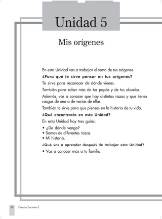 Unidad 5
                                                  Mis orígenes


                                         En esta Unidad vas a trabajar el tema de tus orígenes.
                                         ¿Para qué te sirve pensar en tus orígenes?
                                         Te sirve para reconocer de dónde vienes.
                                         También para saber más de tus papás y de tus abuelos.
                                         Además, vas a conocer que hay distintas razas y que tienes
                                         rasgos de una o de varias de ellas.
                                         También te sirve para que pienses en la historia de tu vida.
                                         ¿Qué encontrarás en esta Unidad?
                                         En esta Unidad hay tres guías:
                                         • ¿De dónde vengo?
                                         • Somos de diferentes razas.
                                         • Mi historia.
                                         ¿Qué vas a aprender después de trabajar esta Unidad?
                                         • Vas a conocer más a tu familia.




       36         Ciencias Sociales 2


Sociales2Cartilla2-U5               36                                     3/7/03, 9:53 AM
 