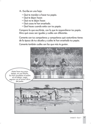 4. Escribe en una hoja:
                               • Qué te mandan a hacer tus papás.
                               • Qué te dejan hacer.
                               • Qué no te dejan hacer.
                               • Qué cosas te han enseñado.
                               • Qué haces cuando estás con tus papás.
                           Compara lo que escribiste, con lo que te respondieron tus papás.
                           Mira qué cosas son iguales y cuáles son diferentes.

                           Comenta con tus compañeros y compañeras qué costumbres tienes
                           de la época de tus abuelos y cuáles te han enseñado tus papás.
                           Comenta también cuáles son las que más te gustan.




                   Hasta hace muy poco
                  tiempo, en una familia,




                                                                                                      BETTY ELDER.
               los hijos ayudaban al padre
                    en el trabajo. Luego
               seguían con el mismo oficio
                         del padre.
                                                                                                      BETTY ELDER.




                                                                                  Unidad 5 - Guía 1        47


Sociales2Cartilla2-U5          47                               3/7/03, 9:54 AM
 