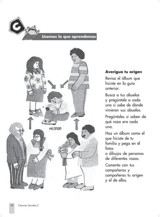 Usemos lo que aprendemos




                                                                             Averigua tu origen
                                                                             Revisa el álbum que
                                                                             hiciste en la guía
                                                                             anterior.
                                                                             Busca a tus abuelos
                                                                             y pregúntale a cada
                                                                             uno si sabe de dónde
                                                                             vinieron sus abuelos.
                                                                             Pregúntales si saben de
                                                                             qué raza era cada
                                                                             uno.
                                                                             Haz un álbum como el
                                                                             que hiciste de tu
                                                                             familia y pega en él
                                                                             fotos
                                                                             o dibujos de personas
                                                                             de diferentes razas.
                                                                             Comenta con tus
                                                                             compañeros y
                                                                             compañeras tu origen
                                                                             y el de ellos.




       58         Ciencias Sociales 2


Sociales2Cartilla2-U5               58                              3/7/03, 9:54 AM
 