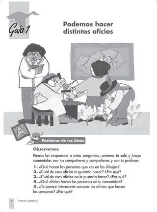 Podemos hacer
     Guía 1                                       distintos oficios




                                        Partamos de tus ideas

                                Observemos
                                Piensa las respuestas a estas preguntas, primero tú solo y luego
                                coméntalas con tus compañeros y compañeras y con tu profesor:
                                1. ¿Qué hacen las personas que ves en los dibujos?
                                2. ¿Cuál de esos oficios te gustaría hacer? ¿Por qué?
                                3. ¿Cuál de esos oficios no te gustaría hacer? ¿Por qué?
                                4. ¿Qué oficios hacen las personas en tu comunidad?
                                5. ¿Te parece interesante conocer los oficios que hacen
                                las personas? ¿Por qué?

        6         Ciencias Sociales 2


Sociales2Cartilla2-U4               6                                 3/7/03, 9:51 AM
 