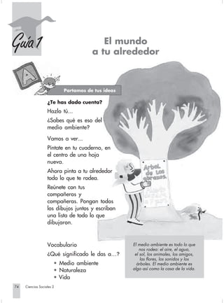 Guía 1                                            El mundo
                                                    a tu alrededor



                                         Partamos de tus ideas

                                ¿Te has dado cuenta?
                                Hazlo tú...
                                ¿Sabes qué es eso del
                                medio ambiente?

                                Vamos a ver...
                                Píntate en tu cuaderno, en
                                el centro de una hoja
                                nueva.
                                Ahora pinta a tu alrededor
                                todo lo que te rodea.
                                Reúnete con tus
                                compañeros y
                                compañeras. Pongan todos
                                los dibujos juntos y escriban
                                una lista de todo lo que
                                dibujaron.



                                Vocabulario                      El medio ambiente es todo lo que
                                                                     nos rodea: el aire, el agua,
                                ¿Qué significado le das a…?       el sol, los animales, los amigos,
                                                                     las flores, los sonidos y los
                                    • Medio ambiente               árboles. El medio ambiente es
                                    • Naturaleza                 algo así como la casa de la vida.

                                    • Vida
       74         Ciencias Sociales 2


Sociales2Cartilla2-U6               74                             3/7/03, 9:56 AM
 
