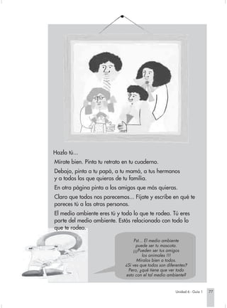 Hazlo tú...
                        Mírate bien. Pinta tu retrato en tu cuaderno.
                        Debajo, pinta a tu papá, a tu mamá, a tus hermanos
                        y a todos los que quieras de tu familia.
                        En otra página pinta a los amigos que más quieras.
                        Claro que todos nos parecemos... Fíjate y escribe en qué te
                        pareces tú a las otras personas.
                        El medio ambiente eres tú y todo lo que te rodea. Tú eres
                        parte del medio ambiente. Estás relacionado con todo lo
                        que te rodea.

                                                           Pst... El medio ambiente
                                                            puede ser tu mascota.
                                                          ¡¡¡Pueden ser tus amigos
                                                                los animales !!!
                                                            Míralos bien a todos.
                                                      ¿Sí ves que todos son diferentes?
                                                       Pero, ¿qué tiene que ver todo
                                                      esto con el tal medio ambiente?


                                                                                Unidad 6 - Guía 1   77


Sociales2Cartilla2-U6   77                                   3/7/03, 9:57 AM
 