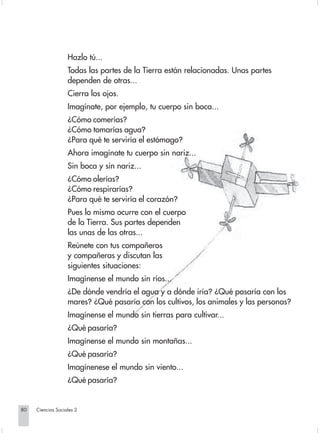Hazlo tú...
                                Todas las partes de la Tierra están relacionadas. Unas partes
                                dependen de otras...
                                Cierra los ojos.
                                Imagínate, por ejemplo, tu cuerpo sin boca...
                                ¿Cómo comerías?
                                ¿Cómo tomarías agua?
                                ¿Para qué te serviría el estómago?
                                Ahora imagínate tu cuerpo sin nariz...
                                Sin boca y sin nariz...
                                ¿Cómo olerías?
                                ¿Cómo respirarías?
                                ¿Para qué te serviría el corazón?
                                Pues lo mismo ocurre con el cuerpo
                                de la Tierra. Sus partes dependen
                                las unas de las otras...
                                Reúnete con tus compañeros
                                y compañeras y discutan las
                                siguientes situaciones:
                                Imagínense el mundo sin ríos...
                                ¿De dónde vendría el agua y a dónde iría? ¿Qué pasaría con los
                                mares? ¿Qué pasaría con los cultivos, los animales y las personas?
                                Imagínense el mundo sin tierras para cultivar...
                                ¿Qué pasaría?
                                Imagínense el mundo sin montañas...
                                ¿Qué pasaría?
                                Imagínenese el mundo sin viento...
                                ¿Qué pasaría?


       80         Ciencias Sociales 2


Sociales2Cartilla2-U6               80                                   3/7/03, 9:57 AM
 