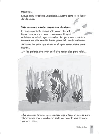 Hazlo tú...
                        Dibuja en tu cuaderno un paisaje. Muestra cómo es el lugar
                        donde vives.


                        Tú te pareces al mundo, porque eres hijo de él...

                        El medio ambiente no son sólo los árboles y la
                        tierra. Tampoco son sólo los animales. El medio
                        ambiente es todo lo que nos rodea. Las personas y nuestras
                        maneras de vivir también hacen parte del medio ambiente...
                        Así como los peces que viven en el agua tienen aletas para
                        nadar...
                        ...y los pájaros que viven en el aire tienen alas para volar...




                        ...las personas tenemos ojos, manos, pies y todo un cuerpo para
                        relacionarnos con el medio ambiente de acuerdo con el lugar
                        donde vivimos...

                                                                                Unidad 6 - Guía 1   81


Sociales2Cartilla2-U6     81                                  3/7/03, 9:57 AM
 