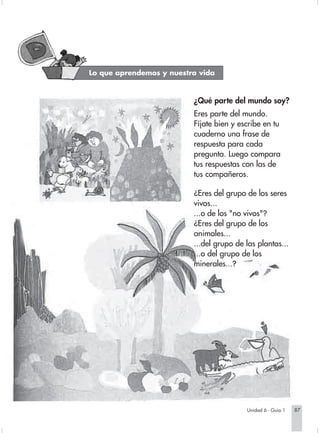 Lo que aprendemos y nuestra vida



                                                       ¿Qué parte del mundo soy?
                                                       Eres parte del mundo.
                                                       Fíjate bien y escribe en tu
                                                       cuaderno una frase de
                                                       respuesta para cada
                                                       pregunta. Luego compara
                                                       tus respuestas con las de
                                                       tus compañeros.

                                                       ¿Eres del grupo de los seres
                                                       vivos...
                                                       ...o de los "no vivos"?
                                                       ¿Eres del grupo de los
                                                       animales...
                                                       ...del grupo de las plantas...
                                                       ...o del grupo de los
                                                       minerales...?




                                                                          Unidad 6 - Guía 1   87


Sociales2Cartilla2-U6   87                              3/7/03, 9:57 AM
 