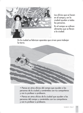 Los oficios que se hacen
                                                                    en el campo y en la
                                                                    ciudad ayudan a todas
                                                                    las personas.
                                                                    En el campo se cultivan
                                                                    alimentos que se llevan
                                                                    a la ciudad.



                        En la ciudad se fabrican aparatos que sirven para trabajar
                        la tierra.




                          • Piensa en otros oficios del campo que ayuden a las
                          personas de la ciudad y coméntalos con tus compañeros
                          y con tu profesor o profesora.
                          • Piensa en otros oficios de la ciudad que ayuden a las
                          personas del campo y coméntalos con tus compañeros
                          y con tu profesor o profesora.

                                                                               Unidad 4 - Guía 1   9


Sociales2Cartilla2-U4     9                                  3/7/03, 9:51 AM
 