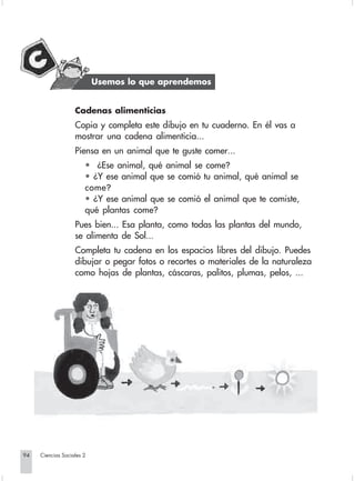 Usemos lo que aprendemos


                                Cadenas alimenticias
                                Copia y completa este dibujo en tu cuaderno. En él vas a
                                mostrar una cadena alimenticia...
                                Piensa en un animal que te guste comer...
                                    • ¿Ese animal, qué animal se come?
                                    • ¿Y ese animal que se comió tu animal, qué animal se
                                    come?
                                    • ¿Y ese animal que se comió el animal que te comiste,
                                    qué plantas come?
                                Pues bien... Esa planta, como todas las plantas del mundo,
                                se alimenta de Sol...
                                Completa tu cadena en los espacios libres del dibujo. Puedes
                                dibujar o pegar fotos o recortes o materiales de la naturaleza
                                como hojas de plantas, cáscaras, palitos, plumas, pelos, ...




       94         Ciencias Sociales 2


Sociales2Cartilla2-U6               94                               3/7/03, 9:58 AM
 