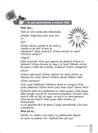 Lo que aprendemos y nuestra vida

                        Vivir sin...
                        Todo en este mundo está relacionado.
                        ¿Puedes imaginarte cómo sería vivir
                        sin...
                        Sol?
                        ¿Cómo sabrías cuándo es de noche y
                        cuándo es de día? ¿Cómo te
                        calentarías? ¿Qué comerías? ¿Cómo secarías la ropa?
                        ¿Tendrías sombra?
                        ¿Agua?
                        ¿Qué tomarías? ¿Con qué regarías las plantas? ¿Cómo te
                        bañarías? ¿Cómo lavarías la ropa y la loza? ¿Dónde vivirían
                        los peces y todos los animales acuáticos? ¿Cómo navegarías?
                        ¿Aire?
                        ¿Cómo respirarías? ¿Cómo volarían las aves? ¿Cómo se
                        alejarían los malos olores? ¿Habría olores? Habría vida?
                        ¿Otras personas?
                        ¿Con quién hablarías? ¿Quiénes serían tus amigos? ¿Con
                        quién pelearías? ¿Cómo harías para tener hijos? ¿Serías feliz?
                        Divídanse todos los compañeros en cuatro grupos. Cada grupo
                        debe escoger una de las situaciones propuestas. Discutan cómo
                        sería la vida sin Sol, sin agua, sin aire o sin otras personas.
                        ¿Qué tocaría hacer? Cada grupo debe inventar un
                        dramatizado
                        o una pequeña obra de teatro y luego presentársela a los otros
                        compañeros.
                        Vivir sin ti...
                        Escribe un cuento o una carta o un poema para alguien
                        sin quien no podrías vivir. Explícale bien por qué.


                                                                                Unidad 6 - Guía 2   97


Sociales2Cartilla2-U6     97                                  3/7/03, 9:59 AM
 