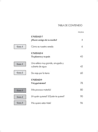 TABLA DE CONTENIDO

                                                   PÁGINA

         UNIDAD 7
         ¡Hazte amigo de tu medio!                    4

Guía 1   Cómo es nuestra vereda                       6

         UNIDAD 8
         Tu planeta y tu país                        40


Guía 1   Una esfera muy grande, arrugada y
         cubierta de agua                            42

Guía 2   De viaje por la tierra                      60

         UNIDAD 9
         Ytú¿quésientes?                             78


Guía 1   ¡Me provoca matarlo!                        80

Guía 2   ¿A quién quieres? ¿Quién te quiere?         90

Guía 3   ¡No quiero estar triste!                    96
 