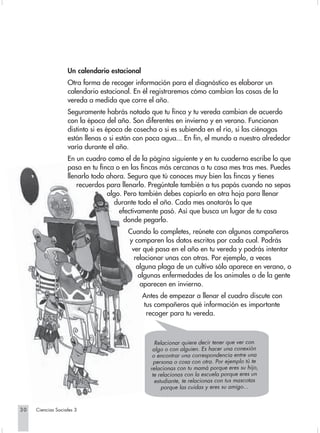 Un calendario estacional
                   Otra forma de recoger información para el diagnóstico es elaborar un
                   calendario estacional. En él registraremos cómo cambian las cosas de la
                   vereda a medida que corre el año.
                   Seguramente habrás notado que tu finca y tu vereda cambian de acuerdo
                   con la época del año. Son diferentes en invierno y en verano. Funcionan
                   distinto si es época de cosecha o si es subienda en el río, si las ciénagas
                   están llenas o si están con poca agua... En fin, el mundo a nuestro alrededor
                   varía durante el año.
                   En un cuadro como el de la página siguiente y en tu cuaderno escribe lo que
                   pasa en tu finca o en las fincas más cercanas a tu casa mes tras mes. Puedes
                   llenarlo todo ahora. Seguro que tú conoces muy bien las fincas y tienes
                       recuerdos para llenarlo. Pregúntale también a tus papás cuando no sepas
                                 algo. Pero también debes copiarlo en otra hoja para llenar
                                   durante todo el año. Cada mes anotarás lo que
                                     efectivamente pasó. Así que busca un lugar de tu casa
                                       donde pegarlo.
                                       Cuando lo completes, reúnete con algunos compañeros
                                       y comparen los datos escritos por cada cual. Podrás
                                        ver qué pasa en el año en tu vereda y podrás intentar
                                         relacionar unas con otras. Por ejemplo, a veces
                                          alguna plaga de un cultivo sólo aparece en verano, o
                                           algunas enfermedades de los animales o de la gente
                                            aparecen en invierno.
                                              Antes de empezar a llenar el cuadro discute con
                                              tus compañeros qué información es importante
                                               recoger para tu vereda.



                                                  Relacionar quiere decir tener que ver con
                                                 algo o con alguien. Es hacer una conexión
                                                 o encontrar una correspondencia entre una
                                                  persona o cosa con otra. Por ejemplo tú te
                                                relacionas con tu mamá porque eres su hijo,
                                                 te relacionas con la escuela porque eres un
                                                  estudiante, te relacionas con tus mascotas
                                                     porque las cuidas y eres su amigo...


30   Ciencias Sociales 3
 