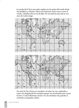 Las partes de la Tierra que están rajadas son las partes del mundo donde
                   hay temblores y volcanes. Observa la ilustración. Estas zonas cruzan el
                   mundo. Colombia está en una de ellas. Por eso decimos que está en una
                   zona de mucho riesgo.




                   Así como la Tierra forma sus montañas, el viento, los ríos, quebradas y
                   mares van desgastando las montañas porque van arrastrando poco a poco
                   la tierra. A esto le llamamos erosión. Así, las montañas más grandes se
                   convierten en pequeñas colinas.

50   Ciencias Sociales 3
 