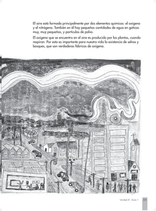 El aire está formado principalmente por dos elementos químicos: el oxígeno
y el nitrógeno. También en él hay pequeñas cantidades de agua en goticas
muy, muy pequeñas, y partículas de polvo.
El oxígeno que se encuentra en el aire es producido por las plantas, cuando
respiran. Por esto es importante para nuestra vida la existencia de selvas y
bosques, que son verdaderas fábricas de oxígeno.




                                                             Unidad 8 - Guía 1   55
 