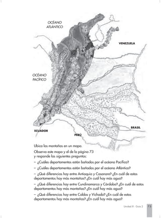 OCÉANO
           ATLÁNTICO




                                                       VENEZUELA




OCÉANO
PACÍFICO




                                                                 BRASIL
 ECUADOR
                          PERÚ



Ubica las montañas en un mapa.
Observa este mapa y el de la página 73
y responde las siguientes preguntas:
– ¿Cuáles departamentos están bañados por el océano Pacífico?
– ¿Cuáles departamentos están bañados por el océano Atlántico?
– ¿Qué diferencias hay entre Antioquia y Casanare? ¿En cuál de estos
departamentos hay más montañas? ¿En cuál hay más agua?
– ¿Qué diferencias hay entre Cundinamarca y Córdoba? ¿En cuál de estos
departamentos hay más montañas? ¿En cuál hay más agua?
– ¿Qué diferencias hay entre Caldas y Vichada? ¿En cuál de estos
departamentos hay más montañas? ¿En cuál hay más agua?

                                                           Unidad 8 - Guía 2   75
 