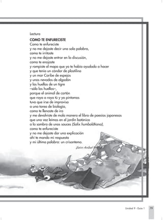 Lectura
COMO TE ENFURECISTE
Como te enfureciste
y no me dejaste decir una sola palabra,
como te irritaste
y no me dejaste entrar en la discusión,
como te enojaste
y rompiste el mapa que yo te había ayudado a hacer
y que tenía un cóndor de plastilina
y un mar Caribe de espejos
y unos nevados de algodón
y las huellas de un tigre
–sólo las huellas–,
porque el animal de cartón
que raya a raya tú y yo pintamos
tuvo que irse de improviso
a una tarea de biología,
como te llenaste de ira
y me devolviste de mala manera el libro de poesías japonesas
que una vez leímos en el jardín botánico
a la sombra de unos sauces (Salix humboldtiana),
como te enfureciste
y no me dejaste dar una explicación
ahí te mando mi respuesta
y mi última palabra: un crisantemo.
                              (Jairo Aníbal Niño.)




                                                               Unidad 9 - Guía 1   79
 
