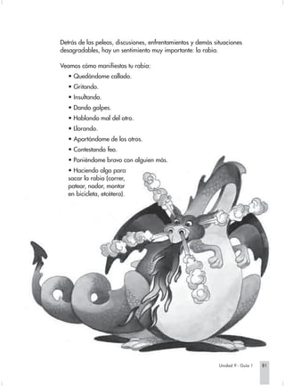 Detrás de las peleas, discusiones, enfrentamientos y demás situaciones
desagradables, hay un sentimiento muy importante: la rabia.

Veamos cómo manifiestas tu rabia:
   • Quedándome callado.
   • Gritando.
   • Insultando.
   • Dando golpes.
   • Hablando mal del otro.
   • Llorando.
   • Apartándome de los otros.
   • Contestando feo.
   • Poniéndome bravo con alguien más.
   • Haciendo algo para
   sacar la rabia (correr,
   patear, nadar, montar
   en bicicleta, etcétera).




                                                             Unidad 9 - Guía 1   81
 