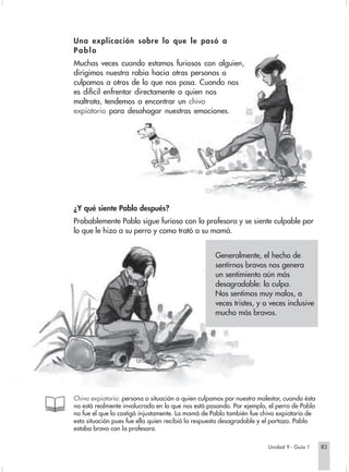 Una explicación sobre lo que le pasó a
Pablo
Muchas veces cuando estamos furiosos con alguien,
dirigimos nuestra rabia hacia otras personas o
culpamos a otros de lo que nos pasa. Cuando nos
es difícil enfrentar directamente a quien nos
maltrata, tendemos a encontrar un chivo
expiatorio para desahogar nuestras emociones.




¿Y qué siente Pablo después?
Probablemente Pablo sigue furioso con la profesora y se siente culpable por
lo que le hizo a su perro y como trató a su mamá.


                                                   Generalmente, el hecho de
                                                   sentirnos bravos nos genera
                                                   un sentimiento aún más
                                                   desagradable: la culpa.
                                                   Nos sentimos muy malos, a
                                                   veces tristes, y a veces inclusive
                                                   mucho más bravos.




Chivo expiatorio: persona o situación a quien culpamos por nuestro malestar, cuando ésta
no está realmente involucrada en lo que nos está pasando. Por ejemplo, el perro de Pablo
no fue el que lo castigó injustamente. La mamá de Pablo también fue chivo expiatorio de
esta situación pues fue ella quien recibió la respuesta desagradable y el portazo. Pablo
estaba bravo con la profesora.

                                                                      Unidad 9 - Guía 1    83
 