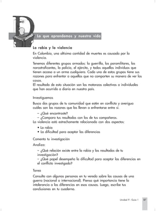 Lo que aprendemos y nuestra vida


La rabia y la violencia
En Colombia, una altísima cantidad de muertes es causada por la
violencia.
Tenemos diferentes grupos armados: la guerrilla, los paramilitares, los
narcotraficantes, la policía, el ejército, y todos aquellos individuos que
tienen acceso a un arma cualquiera. Cada uno de estos grupos tiene sus
razones para enfrentar a aquellos que no comparten su manera de ver las
cosas.
El resultado de esta situación son las matanzas colectivas o individuales
que han ocurrido a diario en nuestro país.

Investiguemos
Busca dos grupos de tu comunidad que estén en conflicto y averigua
cuáles son las razones que los llevan a enfrentarse entre sí.
   – ¿Qué encontraste?
   – ¿Compara tus resultados con los de tus compañeros.
La violencia está estrechamente relacionada con dos aspectos:
  • La rabia
  • La dificultad para aceptar las diferencias

Comenta tu investigación
Analiza:
  – ¿Qué relación existe entre la rabia y los resultados de tu
  investigación?
  – ¿Qué papel desempeña la dificultad para aceptar las diferencias en
  el conflicto investigado?

Tarea
Consulta con algunas personas en tu vereda sobre las causas de una
guerra (nacional o internacional). Piensa qué importancia tiene la
intolerancia a las diferencias en esas causas. Luego, escribe tus
conclusiones en tu cuaderno.


                                                           Unidad 9 - Guía 1   87
 