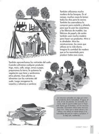 También utilizamos mucha
                                                      madera de los bosques. En el
                                                      campo, muchas casas la toman
                                                      todos los días para la cocina.
                                                      También los aserraderos la
                                                      compran para cortarla y alistarla
                                                      para que la usen los carpinteros
                                                      y las fábricas de muebles. Las
                                                      fábricas de papel y de cartón
                                                      también usan mucha madera
                                                      para hacer sus productos. Mira a
                                                      tu alrededor. Mira las
                                                      construcciones, las cosas que
                                                      utilizas en tu vida diaria.
                                                      Imagina la cantidad de madera
                                                      que se ha necesitado para
                                                      producir todas esas cosas.


También aprovechamos los nutrientes del suelo.
Cuando cultivamos cualquier producto:
trigo, maíz, café, sorgo, arroz o papa,
preparamos la tierra, le quitamos la
vegetación que tiene y sembramos
otras plantas. Esas plantas se
alimentan con los nutrientes del
suelo. Luego recogemos la
cosecha y volvemos a sembrar.




                                                  Los recursos naturales son algo así como
                                                 los productos de la naturaleza. El agua, el
                                                  aire, el sol, las plantas, los animales, las
                                                  rocas, todo lo que te rodea que no haya
                                                 sido hecho por el hombre, son los recursos
                                                  naturales. El hombre utiliza estos recursos
                                                  para vivir. Claro que a veces abusa y los
                                                   utiliza y los utiliza sin darle tiempo a la
                                                 naturaleza de que los vuelva a producir. Y
                                                            la deja ahí, malherida...




                                                                            Unidad 7 - Guía 1    9
 