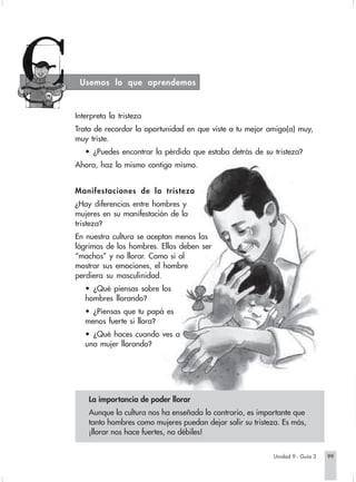 Usemos lo que aprendemos



Interpreta la tristeza
Trata de recordar la oportunidad en que viste a tu mejor amigo(a) muy,
muy triste.
   • ¿Puedes encontrar la pérdida que estaba detrás de su tristeza?
Ahora, haz lo mismo contigo mismo.


Manifestaciones de la tristeza
¿Hay diferencias entre hombres y
mujeres en su manifestación de la
tristeza?
En nuestra cultura se aceptan menos las
lágrimas de los hombres. Ellos deben ser
“machos” y no llorar. Como si al
mostrar sus emociones, el hombre
perdiera su masculinidad.
   • ¿Qué piensas sobre los
   hombres llorando?
   • ¿Piensas que tu papá es
   menos fuerte si llora?
   • ¿Qué haces cuando ves a
   una mujer llorando?




    La importancia de poder llorar
    Aunque la cultura nos ha enseñado lo contrario, es importante que
    tanto hombres como mujeres puedan dejar salir su tristeza. Es más,
    ¡llorar nos hace fuertes, no débiles!


                                                            Unidad 9 - Guía 3   99
 