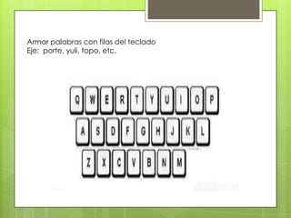 Armar palabras con filas del teclado
Eje: porte, yuli, topo, etc.
 