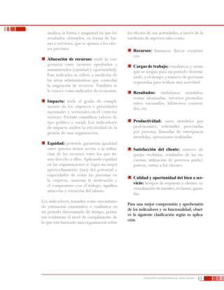 15FUNDACIÓN UNIVERSITARIA DEL ÁREA ANDINA
analizar la forma y magnitud en que los
resultados obtenidos, en forma de bie-
nes o servicios, que se ajustan a los efec-
tos previstos.
	 Alineación de recursos: mide la con-
gruencia entre recursos aprobados y
suministrados (cantidad y oportunidad).
Este indicador se refiere a medición de
las áreas administrativas que controlan
la asignación de recursos. También se
le conoce como indicador de economía.
	 Impacto: mide el grado de cumpli-
miento de los objetivos y prioridades
nacionales y sectoriales en el contexto
externo. Permite cuantificar valores de
tipo político y social. Los indicadores
de impacto miden la efectividad de la
gestión de una organización.
	 Equidad: pretende garantizar igualdad
entre quienes tienen acceso a la utiliza-
ción de los recursos entre los que tie-
nen derecho a ellos. Aplicando equidad
en las organizaciones se logra un mejor
aprovechamiento (uso) del potencial y
capacidades de todas las personas en
la empresa, aumenta la motivación y
el compromiso con el trabajo, significa
atracción y retención del talento.
Los indicadores, tomados como mecanismo
de estimación cuantitativa o cualitativa en
un período determinado de tiempo, permi-
ten evidenciar el nivel de cumplimiento de
lo que está haciendo una organización sobre
los efectos de sus actividades, a través de la
medición de aspectos tales como:
	 Recursos: humanos, físicos económi-
cos.
	 Cargas de trabajo: estadísticas y metas
que se tengan para un período determi-
nado, y el tiempo y número de personas
requeridas para realizar una actividad.
	 Resultados: ciudadanos atendidos,
ventas alcanzadas, servicios prestados,
niños vacunados, kilómetros construi-
dos, etc.
	 Productividad: casos atendidos por
profesionales, solicitudes procesadas
por persona, llamadas de emergencia
atendidas, operaciones realizadas.
	 Satisfacción del cliente: número de
quejas recibidas, resultados de las en-
cuestas, utilización de procesos partici-
pativos, visitas a los clientes.
	 Calidad y oportunidad del bien o ser-
vicio: tiempos de respuesta a clientes, ra-
cionalización de trámites, reclamos, garan-
tías.
Para una mejor comprensión y aprehensión
de los indicadores y su funcionalidad, obser-
ve la siguiente clasificación según su aplica-
ción:
 