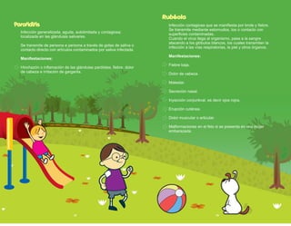 Infección contagiosa que se manifiesta por brote y fiebre.
Se transmite mediante estornudos, tos o contacto con
superficies contaminadas.
Cuando el virus llega al organismo, pasa a la sangre
atacando a los glóbulos blancos, los cuales transmiten la
infección a las vías respiratorias, la piel y otros órganos.
Manifestaciones:
Fiebre baja.
Dolor de cabeza.
Malestar.
Secreción nasal.
Inyección conjuntival, es decir ojos rojos.
Erupción cutánea.
Dolor muscular o articular.
Malformaciones en el feto si se presenta en una mujer
embarazada.
Parotiditis
Infección generalizada, aguda, autolimitada y contagiosa;
localizada en las glándulas salivares.
Se transmite de persona a persona a través de gotas de saliva o
contacto directo con artículos contaminados por saliva infectada.
Manifestaciones:
Hinchazón o inflamación de las glándulas parótidas, fiebre, dolor
de cabeza e irritación de garganta.
Rubéola
24 25
 