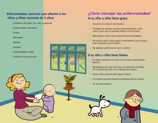 Aumente el consumo de líquidos
Protéjalo de cambios bruscos de temperatura, cubra
nariz y boca con un pañuelo limpio o con la mano.
Mantenga la nariz limpia aplicando suero fisiológico.
No le dé al niño o niña ningún medicamento que no haya
sido formulado por el médico.
No aplique sustancias en nariz y pecho.
Enfermedades comunes que afectan a los
Problemas de gripa, tos, oído y garganta
Enfermedades diarreicas
Brotes
Meningitis
Malaria
Dengue
Enfermedades virales
Problemas del desarrollo
¿Cómo manejar las enfermedades?
¿Cómo manejar las enfermedades?
Si su niño o niña tiene gripa
niños y niñas menores de 5 años
Si su niño o niña tiene fiebre:
El mejor tratamiento es dar con frecuencia abundantes
líquidos.
Manténgalo con ropa cómoda, en habitación ventilada,
sin corrientes de aire. No lo abrigue en exceso.
Nunca utilice alcohol para bajar la fiebre.
Si la fiebre aumenta llévelo inmediatamente al médico.
No se automedique.
33
32
 