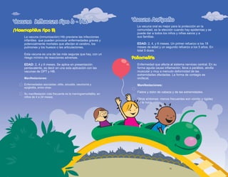 15
Vacuna Antipolio
Vacuna Antipolio
La vacuna oral es mejor para la protección en la
comunidad, es la elección cuando hay epidemias y se
puede dar a todos los niños y niñas sanos y a
sus familias.
EDAD: 2, 4, y 6 meses. Un primer refuerzo a los 18
meses de edad y un segundo refuerzo a los 5 años. En
total 5 dosis.
Poliomelitis
Enfermedad que afecta al sistema nervioso central. En su
forma aguda causa inflamación, lleva a parálisis, atrofia
muscular y muy a menudo deformidad de las
extremidades afectadas. La forma de contagio es
orofecal.
Manifestaciones:
Fiebre y dolor de cabeza y de las extremidades.
Otros síntomas menos frecuentes son vómito y rigidez
en la nuca.
Vacuna Influenza tipo b - Hib
Vacuna Influenza tipo b - Hib
La vacuna (inmunización) Hib previene las infecciones
infantiles que pueden provocar enfermedades graves y
potencialmente mortales que afectan el cerebro, los
pulmones y los huesos o las articulaciones.
Esta vacuna es una de las más seguras que hay, con un
riesgo mínimo de reacciones adversas.
EDAD: 2, 4 y 6 meses. Se aplica en presentación
pentavalente, es decir en una sola aplicación con las
vacunas de DPT y HB.
Manifestaciones:
Enfermedades asociadas: otitis, sinusitis, neumonía y
epiglotitis, entre otras.
Su manifestación más frecuente es la meningoencefalitis, en
niños de 4 a 24 meses.
(Haemophilus tipo B)
 