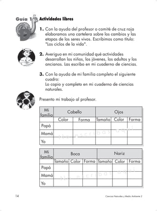 Guía 1   Actividades libres

         1. Con la ayuda del profesor o comité de cruz roja

     D      elaboramos una cartelera sobre los cambios y las
            etapas de los seres vivos. Escribimos como título:
            "Los ciclos de la vida".

         2. Averiguo en mi comunidad qué actividades
            desarrollan los niños, los jóvenes, los adultos y los
            ancianos. Las escribo en mi cuaderno de ciencias.

         3. Con la ayuda de mi familia completo el siguiente
            cuadro:
            Lo copio y completo en mi cuaderno de ciencias
            naturales.

         Presento mi trabajo al profesor.

           Mi            Cabello                       Ojos
         familia
                    Color      Forma     Tamaño Color                Forma
          Papá
          Mamá                     criba s aquí
                     No es
         Yo

           Mi               Boca                      Nariz
         familia
                   Tamaño Color Forma Tamaño Color Forma
          Papá

                                   criba s aquí
                     No es
          Mamá
         Yo

14                                            Ciencias Naturales y Medio Ambiente 2
 