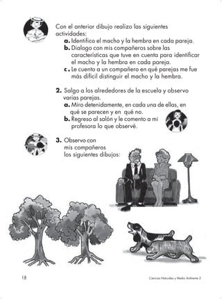 Con el anterior dibujo realizo las siguientes
     actividades:
        a. Identifico el macho y la hembra en cada pareja.
        b. Dialogo con mis compañeros sobre las
            características que tuve en cuenta para identificar
            el macho y la hembra en cada pareja.
        c . Le cuento a un compañero en qué parejas me fue
            más difícil distinguir el macho y la hembra.

     2. Salgo a los alrededores de la escuela y observo
        varias parejas.
        a. Miro detenidamente, en cada una de ellas, en
          qué se parecen y en qué no.
        b. Regreso al salón y le comento a mi
           profesora lo que observé.

     3. Observo con
        mis compañeros
        los siguientes dibujos:




18                                        Ciencias Naturales y Medio Ambiente 2
 