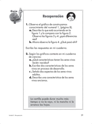 Guía
                                          Recuperación
      1                   1. Observo el gráfico de construyamos
                             conocimiento del numeral 1, (página 8).
                             a. Describo lo que está ocurriendo en la
                              .
                                figura 1 y lo comparo con la figura 2.
                                 Observo las figuras 3 y 4: ¿qué diferencias
                                 veo?
                             b. Ahora observo la figura 4. ¿Qué pasó ahí?

                          Escribo las respuestas en mi cuaderno.

                          2. Según los gráficos contesto en mi cuaderno
                             de ciencias:
                             a. ¿Qué características tienen los seres vivos
                                  recién nacidos?
                             b. Escribo dos características de los seres
                                vivos en proceso de desarrollo.
                             c . Señalo dos aspectos de los seres vivos
                                  adultos.
                             d. Describo una característica de los seres
                               .
                                 vivos ancianos.




                              La cartilla puede durar mucho más
                              tiempo si no la rayo, ni la mancho ni le
                              arranco las hojas.



Unidad 3 - Recuperación                                                        29
 