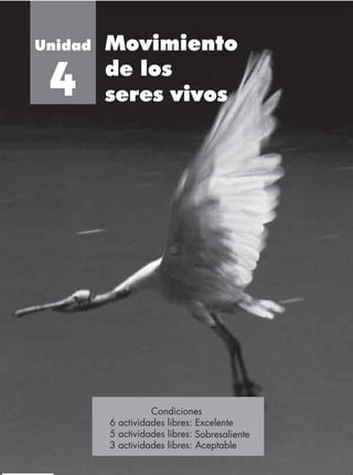 Unidad   Movimiento
         de los
 4       seres vivos




                    Condiciones
                     Condiciones
         6 actividades libres: Excelente
           3 actividades libres: Aceptable
         5 actividades libres: Sobresaliente
           5 actividades libres: Bueno
           6 actividades libres: Excelente     35
         3 actividades libres: Aceptable
 