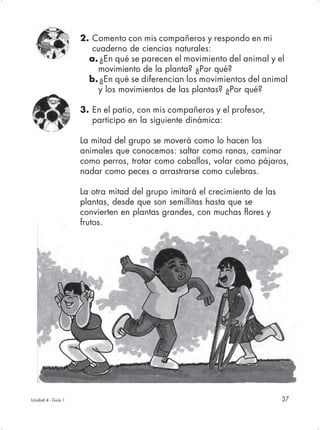 2. Comento con mis compañeros y respondo en mi
                       cuaderno de ciencias naturales:
                      a. ¿En qué se parecen el movimiento del animal y el
                        movimiento de la planta? ¿Por qué?
                      b. ¿En qué se diferencian los movimientos del animal
                        y los movimientos de las plantas? ¿Por qué?

                    3. En el patio, con mis compañeros y el profesor,
                       participo en la siguiente dinámica:

                    La mitad del grupo se moverá como lo hacen los
                    animales que conocemos: saltar como ranas, caminar
                    como perros, trotar como caballos, volar como pájaros,
                    nadar como peces o arrastrarse como culebras.

                    La otra mitad del grupo imitará el crecimiento de las
                    plantas, desde que son semillitas hasta que se
                    convierten en plantas grandes, con muchas flores y
                    frutos.




Unidad 4 - Guía 1                                                           37
 